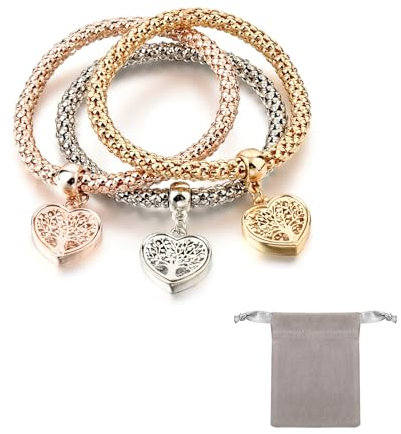 Set Of 3 Love Tree Of Life Bracelets With 1 Light Gray Storage Bag, Crystal Charm Multilayer Bracelet, Adjustable Charm Bracelet, Tree Of Life Stretch Bracelet For Women And Girls