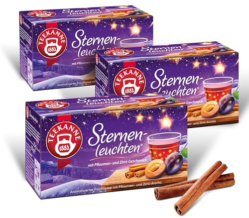 Teekanne Sternenleuchten Tee im 3er Set, insgesamt 3x20 Teebeutel, Früchtetee mit feinen Pflaumen- und Zimtgeschmack, winterlicher Tee zum Verschenken