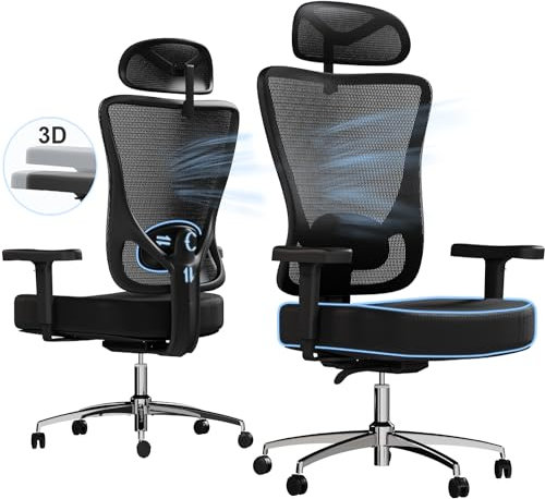 Devoko Sedia Ufficio Ergonomica Lombare, Sedia da Ufficio con Poggiatesta, Supporto Lombare, Braccioli e Regolazione in Altezza, Sedia Ufficio Funzione di Bloccaggio a 90°-130°, Capacità 180KG
