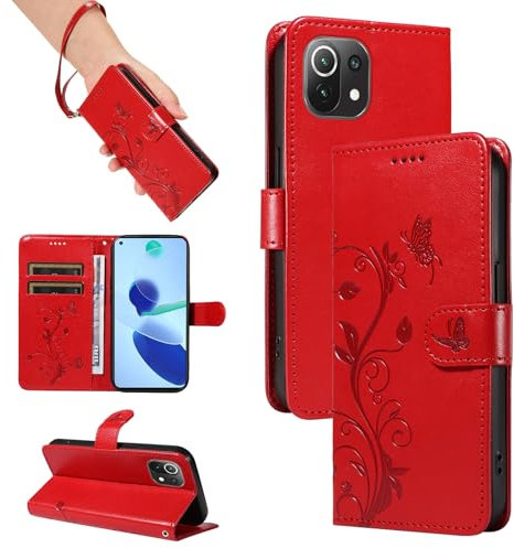SRISHP Hülle für Xiaomi Mi 11 Lite 5G / 11 Lite 4G / 11 Lite 5G NE Hülle, Premium PU Leder Handyhülle mit Band, Magnet Flip Case für Xiaomi Mi 11 Lite 5G, Rot