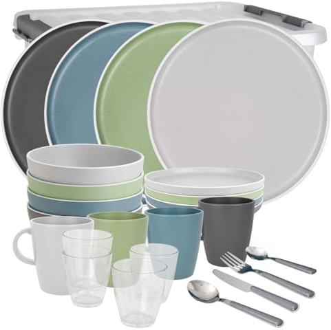 BRUNNER: Melamin Geschirr-Set Camping | 36-Teilig - Teller, Becher, Besteck & Gläser für 2-4 Personen | DOLOMIT All Inclusive - Stapelbar, Kratzfest