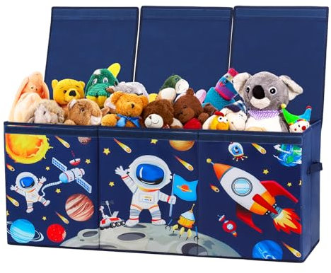 Extra Groß Aufbewahrungsbox mit Deckel Kinder, Zusammenklappbare Oxford-Spielzeugkiste mit Griff für Mädchen Jungen, Wasserdichte Spielzeug Aufbewahrung im Kinderzimmer, 96×32×40 cm (Astronaut Rakete)