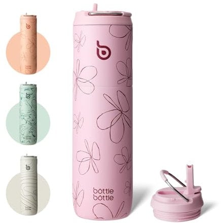 BOTTLE BOTTLE Bouteille d'eau isotherme de 710 ml avec couvercle à paille et poignée, en acier inoxydable à double paroi sous vide, anti-fuite, sans BPA, pour sport, voyage, gym, Flower Frenzy