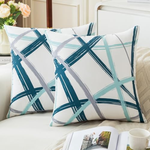 Jayusaror Blaugrün Kissenbezug 40x40 Samt Türkis Grau Kissenbezüge Weiche Sofakissen Geometrische Dekokissen Moderne Kissen Deko Kissenhülle für Wohnzimmer Sofa Schlafzimmer Dekor，2er Set