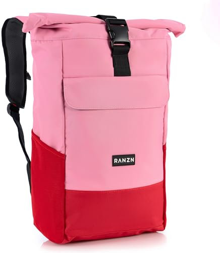 RANZN® – Miami – Premium Rolltop Rucksack für Damen & Herren, Anti-Diebstahl Wanderrucksack, Backpack mit Laptopfach, Rosa-Rot