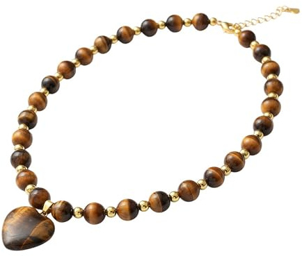Sanixa Karma NH11424314 Halskette Damen Naturstein 42 cm Kette mit Herz Anhänger Tigerauge Schmuck für Frauen verstellbar Damenhalskette Herzkette