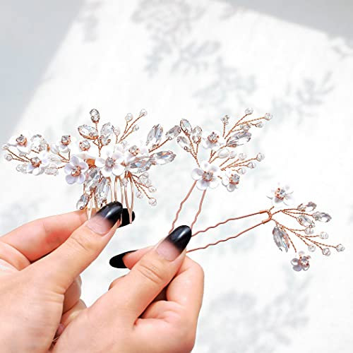 IYOU Brautschmuck Hochzeit Haarkamm Silber Blume Kopfschmuck Funkelnd Kristall Braut Seitenkämme Perlen Haarschmuck für Damen(3 Stück)