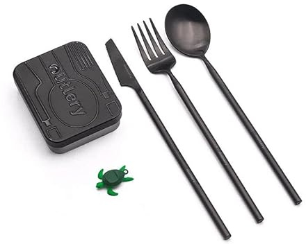 Outlery | Portable Camping Cutlery | Reusable Stainless Steel Travel Cutlery Set with Case | Pocket Sized, Durable and Easy to Clean (Black), Cutlery Set for 4