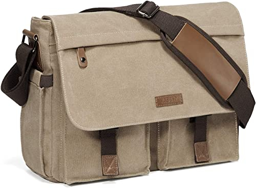 VASCHY Bolso Hombre Bandolera, Bolso Mensajero Lona Bolsa Ordenador Portátil 14 Pulgadas Bolso Universidad Impermeable Maletín con Bandolera Acolchada para Trabajo Viaje Esculea Caqui-14 Pulgadas