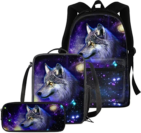 chaqlin Blue Galaxy Wolf Schulrucksack-Set für Jungen Teenager, 3-in-1-Schulbüchertaschen, Tierwolf, Bedruckt, isolierte Lunchbox, Federmäppchen-Set für College-Studenten-Rucksack