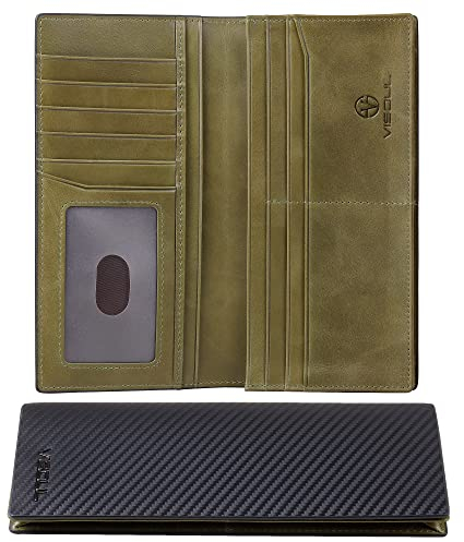 VISOUL Echtleder Geldbörse echtes Vintage Leder XXL Langes Portemonnaie Kreditkartenetui Herren Geldbeutel RFID Schutz Portemonnaie Brieftasche Wallet Portmonee Carbon grün