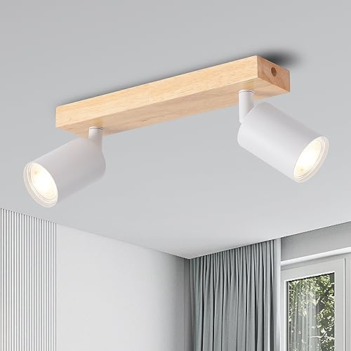 ANWIO Lámpara Techo Focos, 2 Focos Led Interior Techo Base GU10 Apliques Techo Focos Blanco con Base Madera Rectangular, Giratorios Plafón Foco de Techo LED(Sin Bombillas).