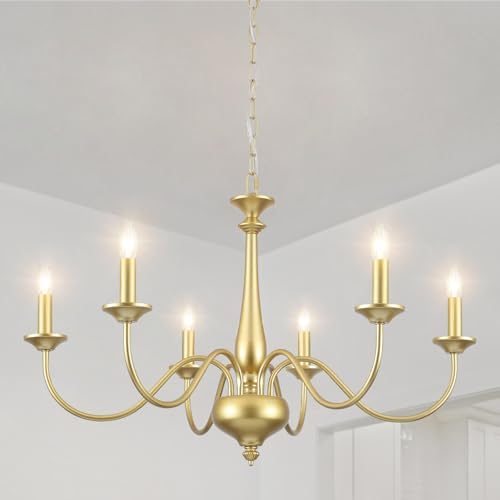 QAREHL Kronleuchter Gold, 6 Flammig Kronleuchter Modern Wohnzimmerlampe Hängend, E14 Fassung Metall Pendelleuchte Vintage für Esszimmer Schlafzimmer Küche Flur