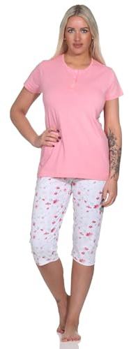 Normann Eleganter Damen Capri Pyjama, Schlafanzug mit Knopfleiste und ¾ Capri Hose, Farbe:rosa, Größe:44-46
