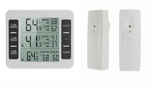 Wireless Refrigerator Thermometer, Indoor Outdoor Wireless Digital Freezer Alarm Thermometer Fridge Homes Sensor(2X sensor)