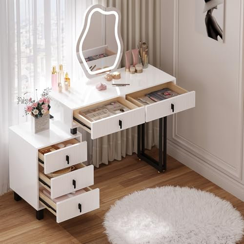 WOLTU Coiffeuse avec LED Miroir Nuage, Éclairage Réglable, Table de Maquillage Moderne avec Plateau Brillant, Tiroirs en Bois Massif, 1 Commode Flexible, Meuble Chambre Moderne, Noir+Blanc, MB6118ws