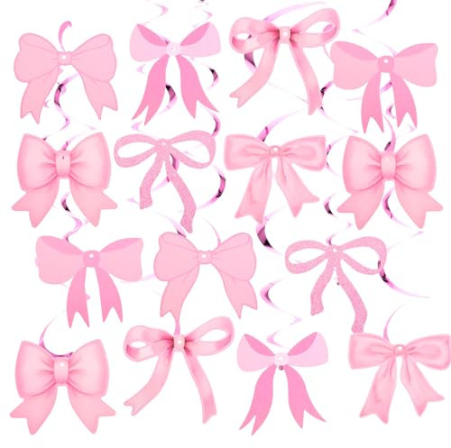 21 Stück Schleifen Girlanden Banner Luftschlangen Rosa ängende Schleife Pink Happy Birthday Girlande Wirbeldekorationen mit Rosa Schleife Party Dekorationen für Geburtstagsfeier Junggesellenabsc