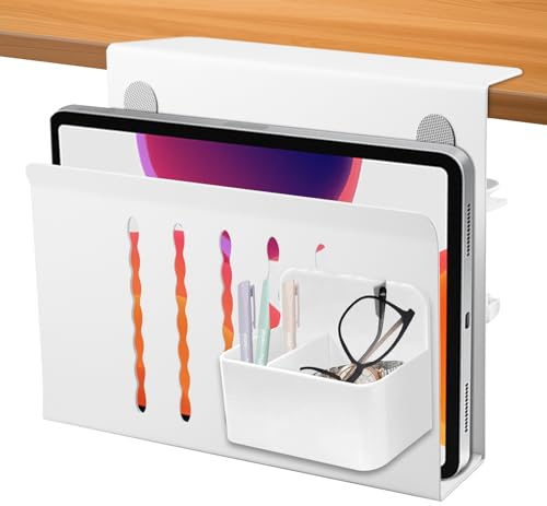WIYETY Skrivbord sidoförvaring, skrivbordsförvaring med pennhållare, PC-hållare sidoskrivbord, för enheter med tjocklek < 4 cm, utan borrning, ett skikt – svart, vit (vit)