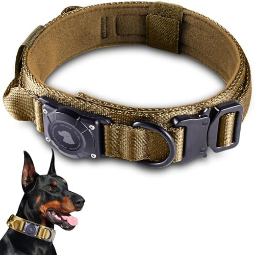 JIARUI Taktisches Hundehalsband mit Griff, Wasserdichter Airtag Hundehalsband, Dickes Verstellbares Halsband Hund mit Gepolstert, Metallschnalle für Mittlere Große Hunde (Khaki, L(18-23))