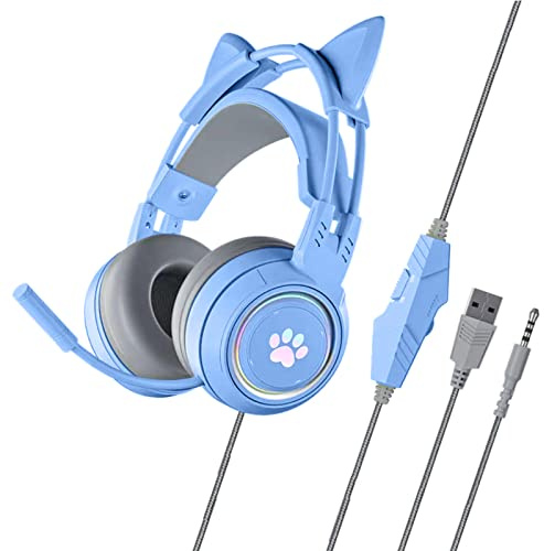 Oxxggkao Cuffie da gioco a orecchie di gatto con isolamento acustico sopra le cuffie con microfono Controllo del volume Bass Surround rimovibile illuminato USB Gaming