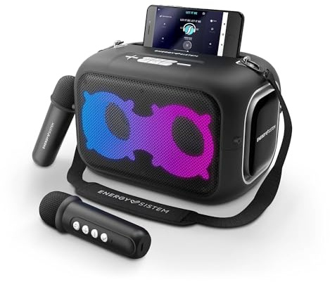 Energy Sistem Karaoke Star Party– Altavoz Portátil (Bluetooth 5.4, Reproductor MP3, Luces LED, IPX4, 2 micrófonos, 8 Horas de batería)
