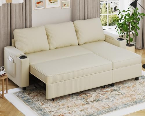 Devoko Canape Dangle Convertible, Canapé Convertible avec Rangement et Méridienne Réversible, Multifonctionnel Canape 3 Places Canapé Lit avec Accoudoirs pour Salon et Petit Appartement,Beige