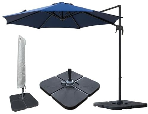 Jarder Milan Parasol Set - 3m - Aluminium Cantilever Garden Parasols with Base & Cover | 360° Rotation (Blue)