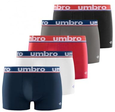 Umbro Boxer Homme 100% Coton, Calecon Homme, Respirant, Maille Aérée (Lot de 5), Noir, Rouge, Blanc, Bleu, Taille S