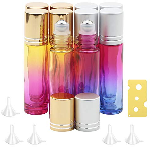 Rowiz 10PCS 10ml Gradient Color Glass Roll on Bottles Essential Oil Glass Bottles with Stainless Steel Roller Balls and Gold or Silver Screwcap