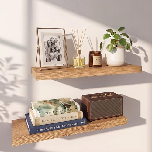Wandregal Holz, Schwebendes Wandregal Eiche 60cm, Schweberegal | Regal Wand, Wandmontage, Eichenholz, edle Eiche Optik, für Bad, Schlafzimmer, Wohnzimmer & Küche, Dekoration & Aufbewahrung