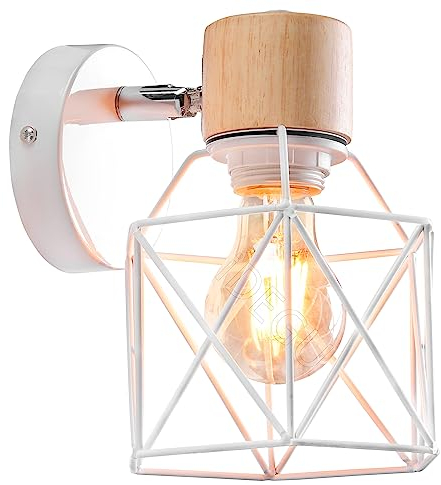 iDEGU Vintage Wandlampe 15CM Wandleuchte Industrial Design Geometrischem Käfig Lampenschirm Retro Lampe aus Holz Eisen Verstellbare Deckenleuchte Wandleuchte für Schlafzimmer Flur Küche (Typ-A Weiß)