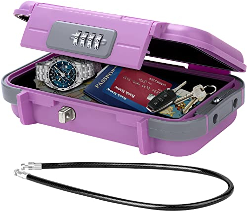 WACCET Tragbarer Tresor mit Zahelncode, Sicherheitsbox Wasserdicht Anti-Diebstahl Mini Tresor Zahlenschloss mit abnehmbarem Drahtseil Sicherheitssafe für Hause, Büro, Hotel, Reisen Usw (Lila)