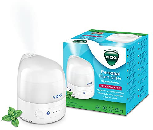 Vicks Humidificador Personal Ultrasónico de Vapor Frío, Pequeño, fácil de usar, silencioso, Uso doméstico, dormitorio, oficina, habitación de niños, incluye VapoPad de aceites esenciales, VUL510