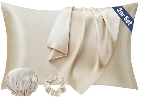 Seiwohl Satin Kissenbezug 40 x 80 2er Set, Weich wie Seidenkissenbezug Silk Pillowcase, Vegane Seide Kopfkissenbezug Kissenhülle Haarschutz für die Nacht mit Haargummi und Haarhaube, Beige