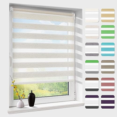 Doppelrollo klemmfix ohne Bohren, Duo Rollos für Fenster & Tür mit Bohren, Version 2025 Natur B55 x H100cm (Stoffbreite 51cm), Fensterrollo lichtdurchlässig & verdunkelnd, Klemmrollo Sonnenschutz
