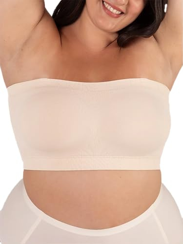 SHAPERMINT Strapless Bra, No-Slip Wireless Bandeau with Sewn-in Cups Beige