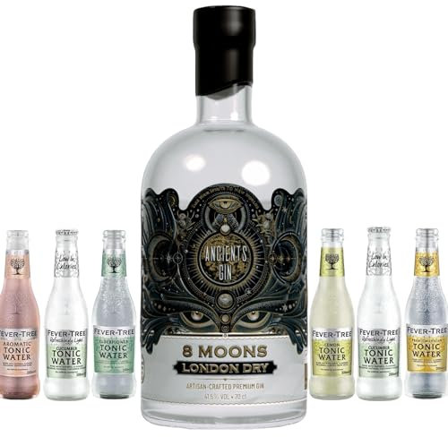 Ancients Gin 8 Moons London Dry Gin (Incuding 6 Fever Tree Tonics) | Hand Crafted Small Batch Premium Gin | 5 Times Distilled With 8 Ancient Botanicals |70cl