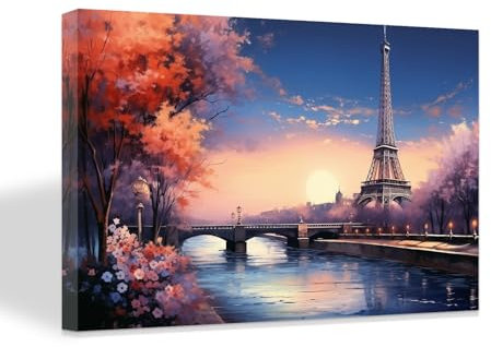 ZXHYWYM Abstrakte Paris Leinwand Wanddekoration Eiffelturm Wandbilder rosa Baum Stadtbild Gemälde Kunstdruck romantische Stadt Kunstwerk für Mädchenschlafzimmer mit Rahmen (B (40.00 x 60.00 cms))