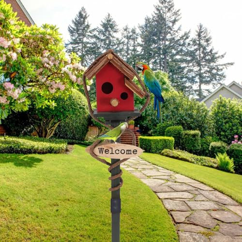 Birdhouses for Outdoors with Pole, 27.6 inch Tall Wood Bird House, Cottage Birdhouse Stand, Decorative Bird House Garden Stake for Lawn Yard Red|Birdhouses