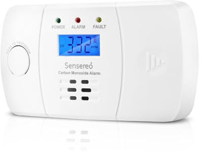 Sensereo Carbon Monoxide Detector by Figaro Sensor, 10-Year Life Carbon Monoxide Alarm for Home Safety, Replaceable AA Batteries Included, CO Detector with LED/LCD Display, BS-EN50291 marked