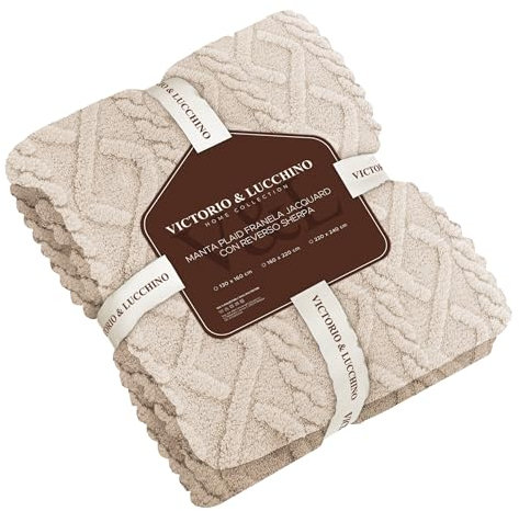 Victorio & Lucchino Manta Plaid Sofa Franela Jacquard con Borreguito Sherpa - Manta Suave para el Sofa o para Cama (VL-80521) (Piedra 2, 130 X 160 Cm)