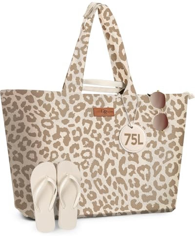 Hihealer Extra Large Beach Bag for Women, Waterproof Sandproof Over-Size Carry On Beach Essentials Tote with 5 Pockets (Leopard Print Brown, XL)