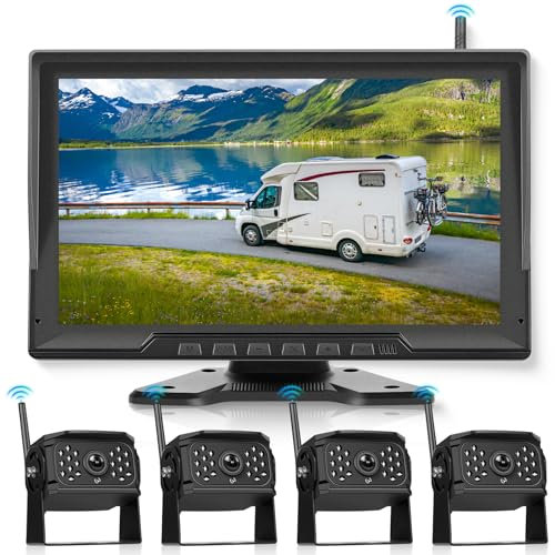 Cámara de Marcha Atrás Inalámbrica Kit, Pantalla Táctil de 10.1 Pulgadas, 4 Cámara de Visión Trasera con IP68 Impermeable,Visión Nocturna, BSD para Camiones,Remolques,Camionetas,Furgonetas Autobuses.