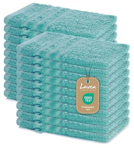 Lavea Elena Lot de 20 Gants de Toilette 15 x 21 cm – Gants de Toilette absorbants et Doux en 100% Coton, série éponge Elena – Gants de Toilette lavables et résistants – Turquoise