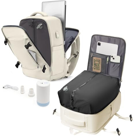 Sac a Dos de Voyage Cabine Avion Sous Vide avec Pompe – Sac de Compression avec Airbag, Port USB, Bagage à Main Imperméable -Beige