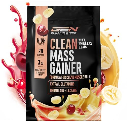 GEN GERMAN ELITE NUTRITION Clean Weight Gainer - 3 kg | Saveur Cherry & Banana - Pour la Prise de Masse et de Poids - Glucides & Protéines - Végétarien