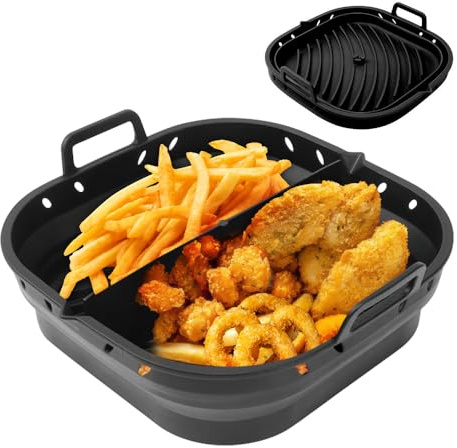 Riisoyu Silicone Air Fryer Liners, Non-stick Food-grade Reusable Air Fryer Basket with Divider 23x22x6 cm Square Foldable Reusable Fryer Accessory for Airfryer Oven V-type Oil Nozzle Design Black