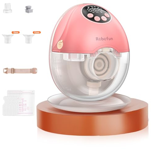 Robofun Tire Lait Electrique Main Libre, le Tire-Lait Silencieux avec 4 Modes et 12 Niveaux de Suction, Avec Couvercle Anti-Poussière, 1 Pièces Breast Pump avec 19/21/24mm Bride - Rose