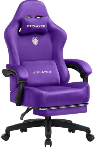 GTPLAYER Fabric Gaming Chair, Ergonomic Computer Chair with Footrest and Lumbar Support Height Adjustable Home Office with 360°-Swivel Seat and Headrest Deep Purple