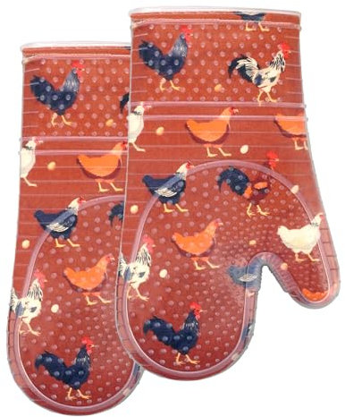 RED LMLDETA Oven Mitts Set of 2 with Transparent Clear Silicone Shell and Nice Shell Flower Cotton Lining, Heat Resistant to 500 F Kitchen Oven Gloves Pot Holder for Cooking (Rooster, Oven Mitts)